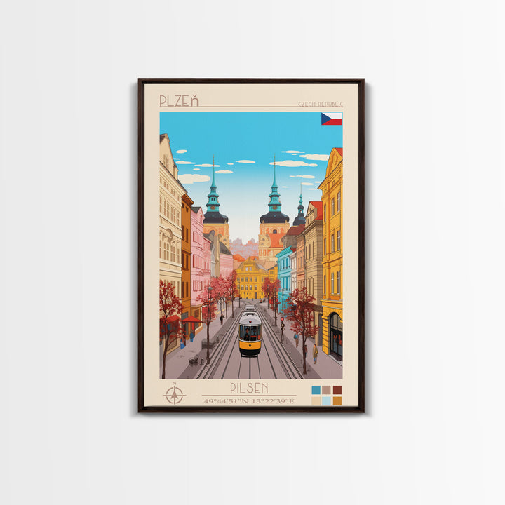 Plzeň Czech Republic Travel Poster Framed Canvas Print, Midcentury Modern Art, Pop Art Wall Decor, Scenic Living Room Art, Bedroom Decor