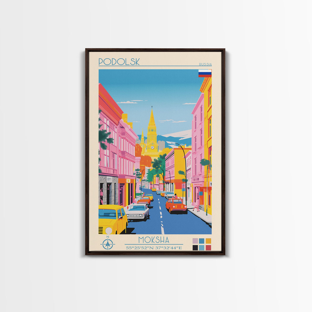 Podolsk Russia Travel Poster Framed Canvas Print, Midcentury Modern Art, Pop Art Wall Decor, Home Decor, Vacation Gift, Office Art
