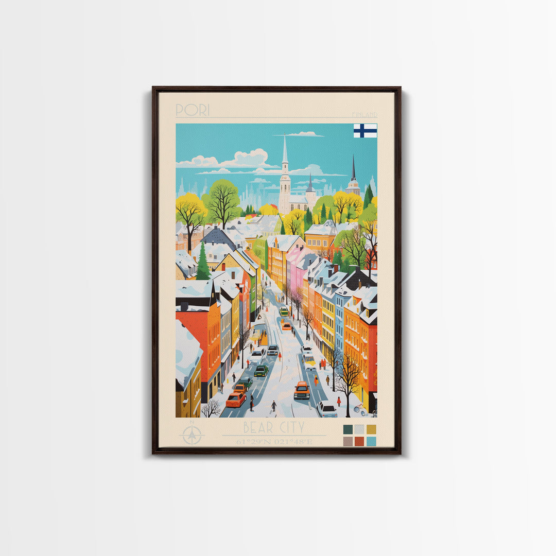 Pori Finland Travel Poster Framed Canvas Print, Midcentury Modern Art, Pop Art Wall Decor, Home Decor, Vacation Gift, Bedroom Art
