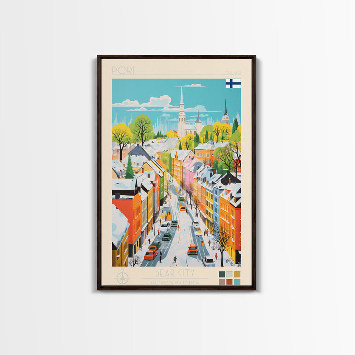 Pori Finland Travel Poster Framed Canvas Print, Midcentury Modern Art, Pop Art Wall Decor, Home Decor, Vacation Gift, Bedroom Art