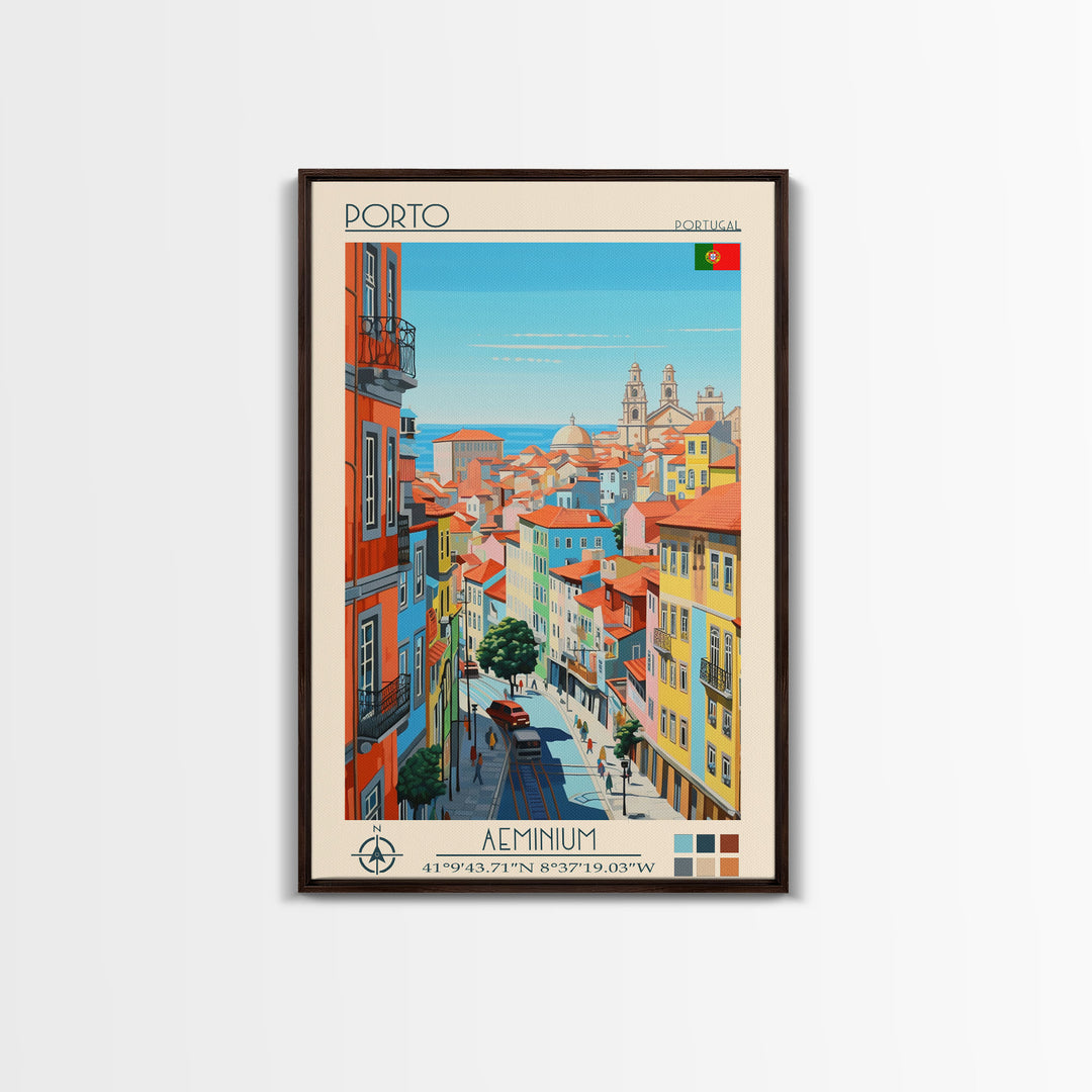 Porto Portugal Travel Poster Framed Canvas Print, Midcentury Modern Art, Pop Art Wall Decor, Scenic Wall Art, Living Room Decoration, Office Gift