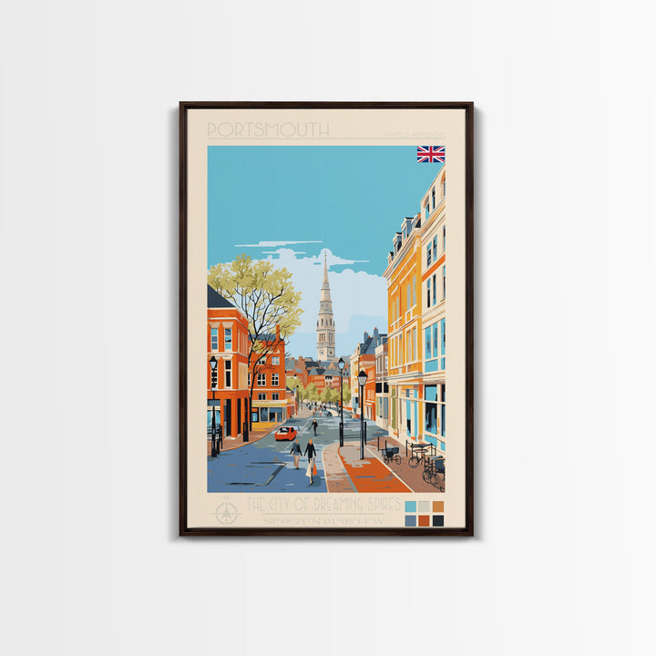 Portsmouth United Kingdom Travel Poster Framed Canvas Print, Midcentury Modern Art, Pop Art Wall Decor, Scenic Wall Art, Bedroom Decoration
