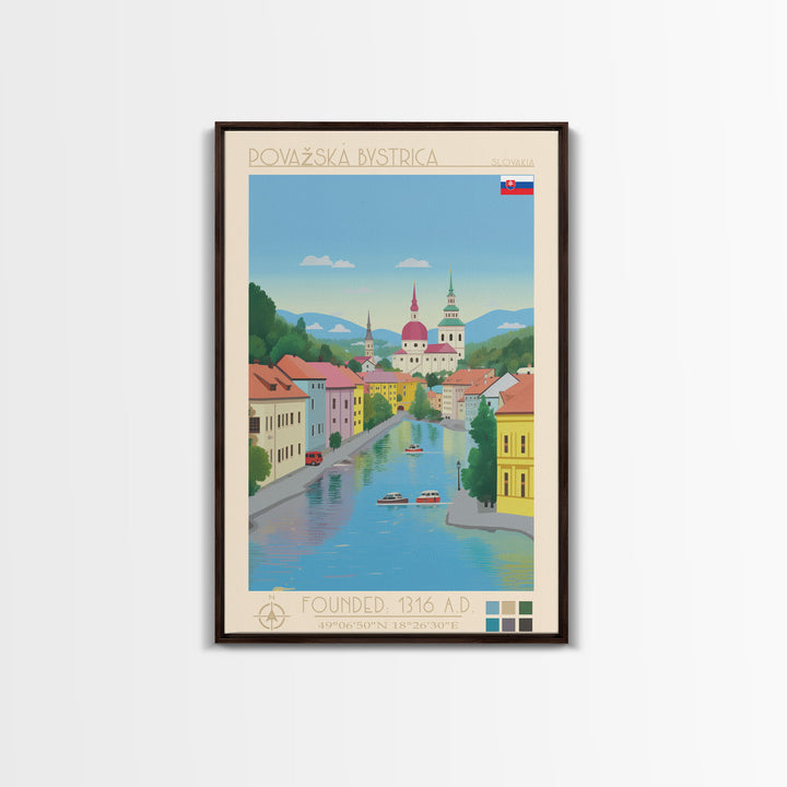 Považská Bystrica Slovakia Travel Poster Framed Canvas Print, Midcentury Modern Art, Pop Art Wall Decor, Scenic Wall Art, Living Room Decoration, Office Art
