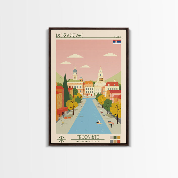 Požarevac Serbia Travel Poster Framed Canvas Print, Midcentury Modern Art, Pop Art Wall Decor, Scenic Living Room Art, Bedroom Decor