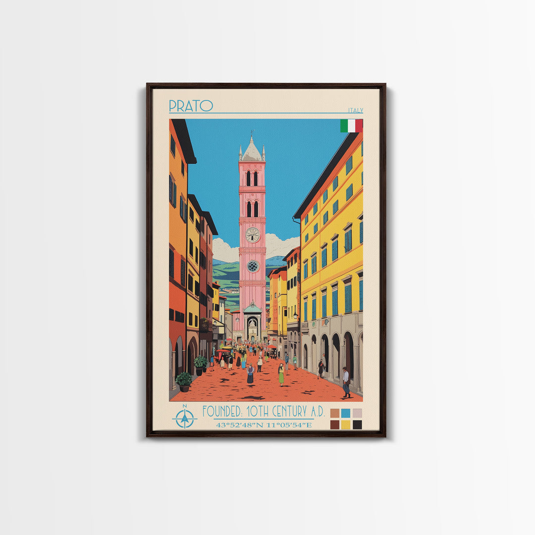 Prato Italy Travel Poster Framed Canvas Print, Midcentury Modern Art, Pop Art Wall Decor, Home Decor, Vacation Gift, Office Art
