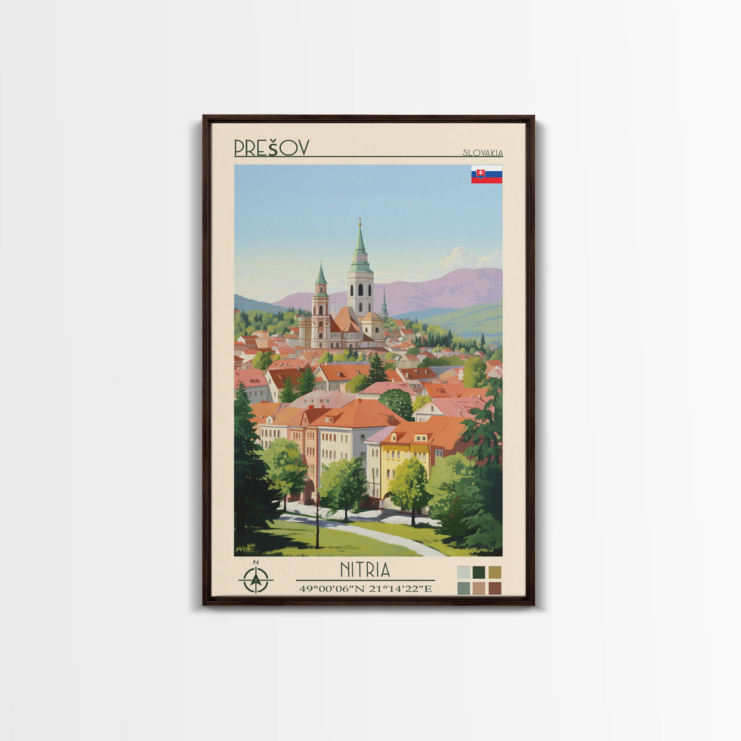Prešov Slovakia Travel Poster Framed Canvas Print, Midcentury Modern Art, Pop Art Wall Decor, Scenic Living Room Art, Bedroom Gift