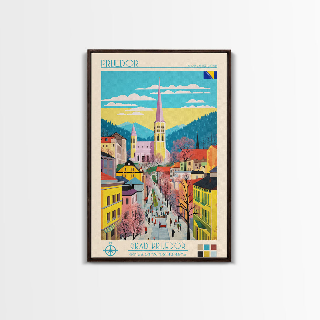 Prijedor Bosnia and Herzegovina Travel Poster Framed Canvas Print, Midcentury Modern Art, Pop Art Wall Decor, Home Decor, Vacation Gift, Bedroom Art