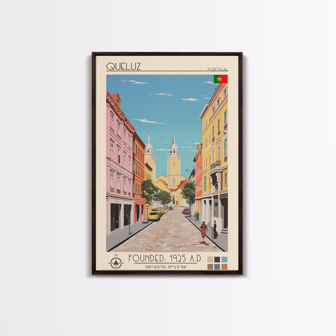 Queluz Portugal Travel Poster Framed Canvas Print, Midcentury Modern Art, Pop Art Wall Decor, Scenic Bedroom Art, Office Decoration