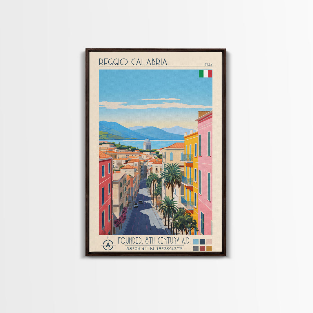 Reggio Calabria Italy Travel Poster Framed Canvas Print, Midcentury Modern Art, Pop Art Wall Decor, Scenic Living Room Art, Bedroom Gift