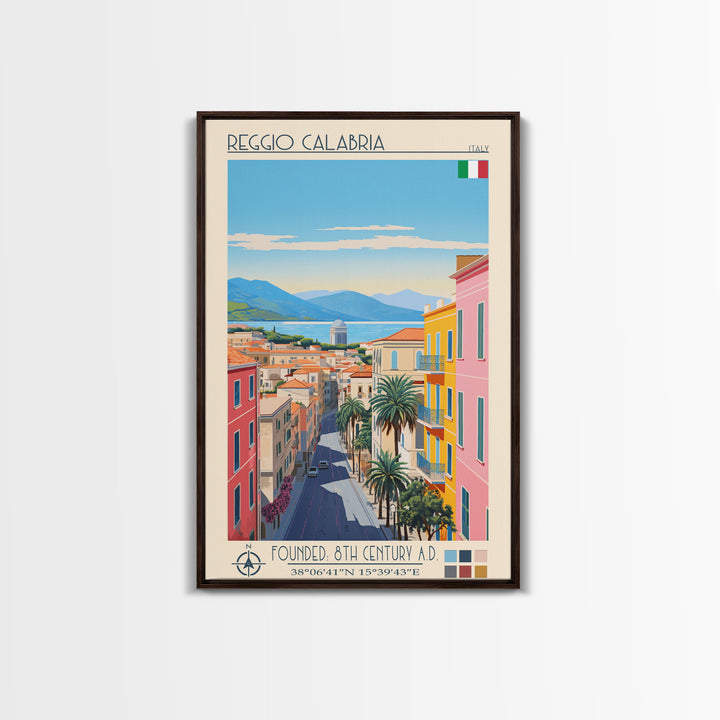 Reggio Calabria Italy Travel Poster Framed Canvas Print, Midcentury Modern Art, Pop Art Wall Decor, Scenic Living Room Art, Bedroom Gift