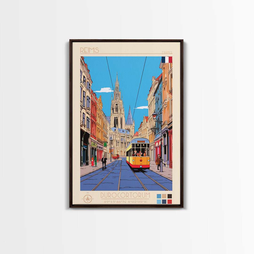 Reims France Travel Poster Framed Canvas Print, Midcentury Modern Art, Pop Art Wall Decor, Home Decor, Vacation Gift, Bedroom Art