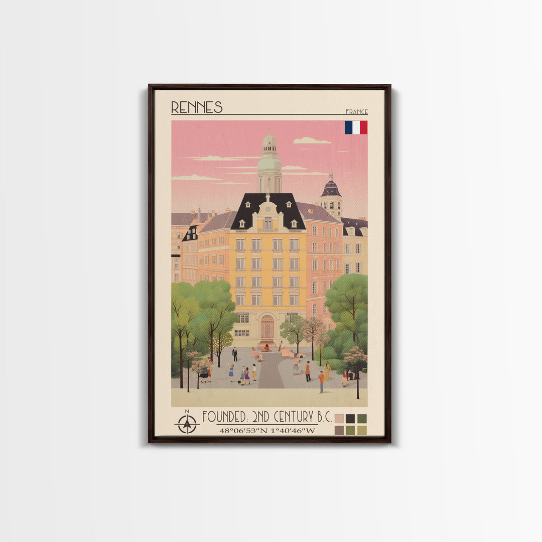 Rennes France Travel Poster Framed Canvas Print, Midcentury Modern Art, Pop Art Wall Decor, Scenic Wall Art, Living Room Decoration, Office Gift