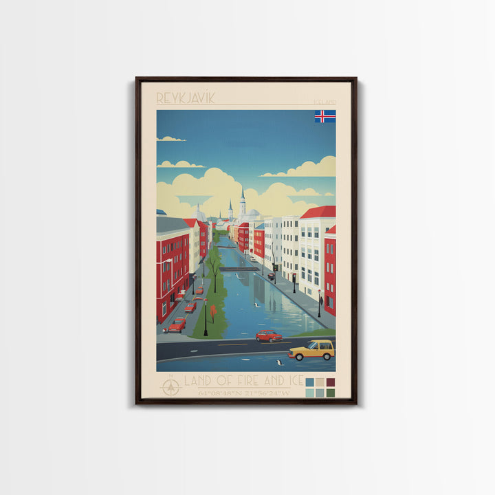 Reykjavik Iceland Travel Poster Framed Canvas Print, Midcentury Modern Art, Pop Art Wall Decor, Scenic Wall Art, Bedroom Decoration