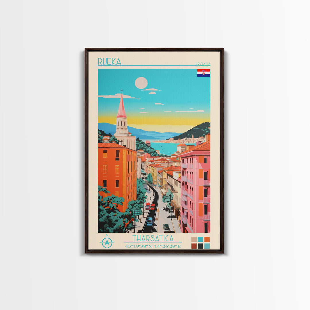 Rijeka Croatia Travel Poster Framed Canvas Print, Midcentury Modern Art, Pop Art Wall Decor, Scenic Wall Art, Living Room Decoration, Office Art