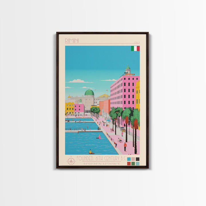 Rimini Italy Travel Poster Framed Canvas Print, Midcentury Modern Art, Pop Art Wall Decor, Scenic Bedroom Art, Office Decoration