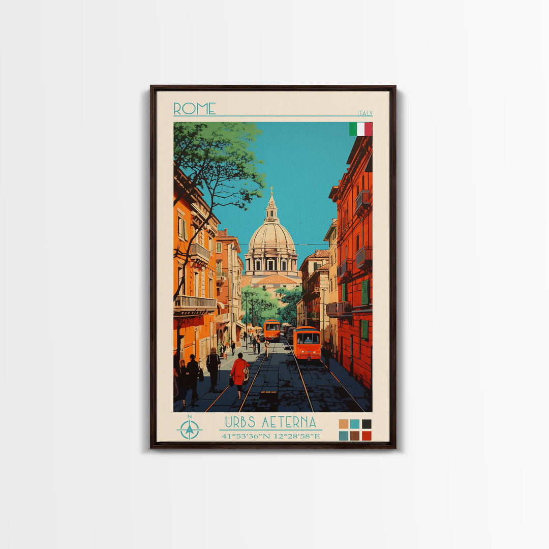 Rome Italy Travel Poster Framed Canvas Print, Midcentury Modern Art, Pop Art Wall Decor, Home Decor, Vacation Gift, Office Art