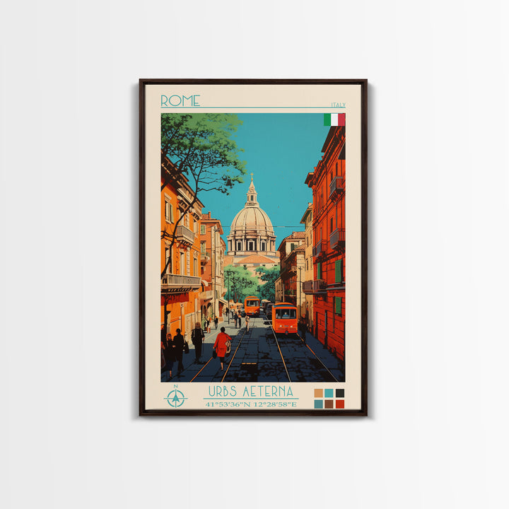 Rome Italy Travel Poster Framed Canvas Print, Midcentury Modern Art, Pop Art Wall Decor, Home Decor, Vacation Gift, Office Art