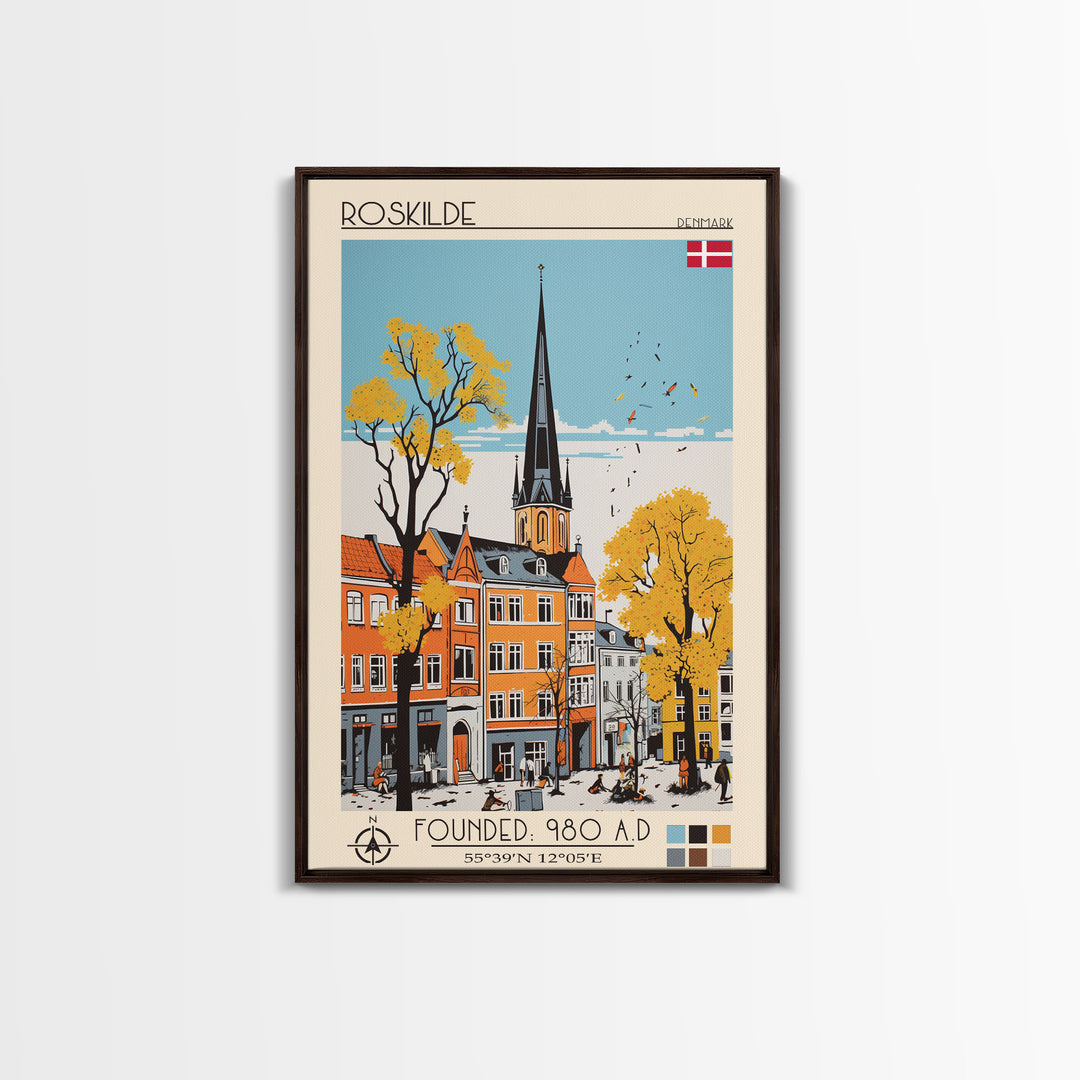 Roskilde Denmark Travel Poster Framed Canvas Print, Midcentury Modern Art, Pop Art Wall Decor, Scenic Living Room Art, Bedroom Gift