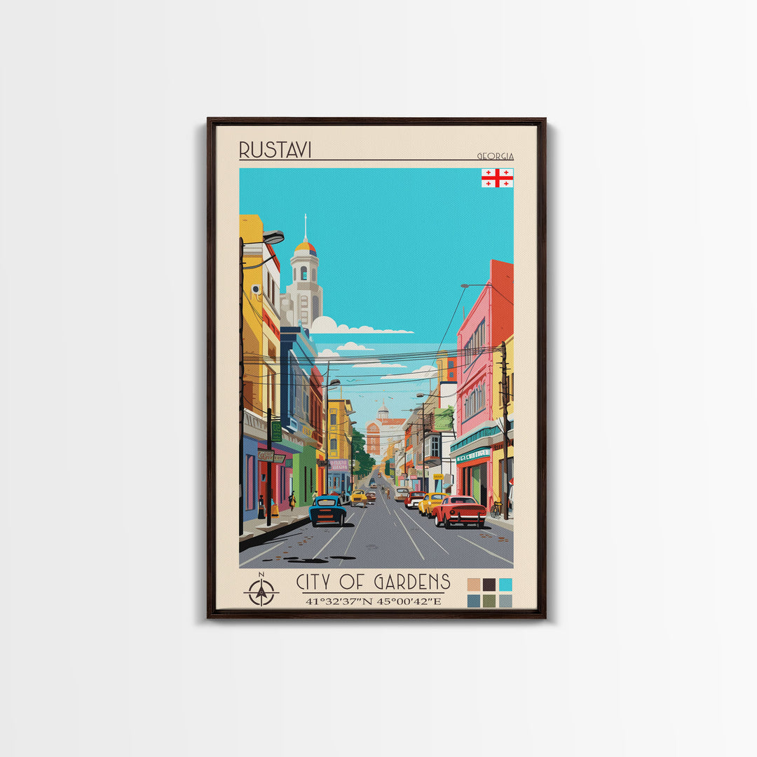 Rustavi Georgia Travel Poster Framed Canvas Print, Midcentury Modern Art, Pop Art Wall Decor, Scenic Wall Art, Bedroom Decoration