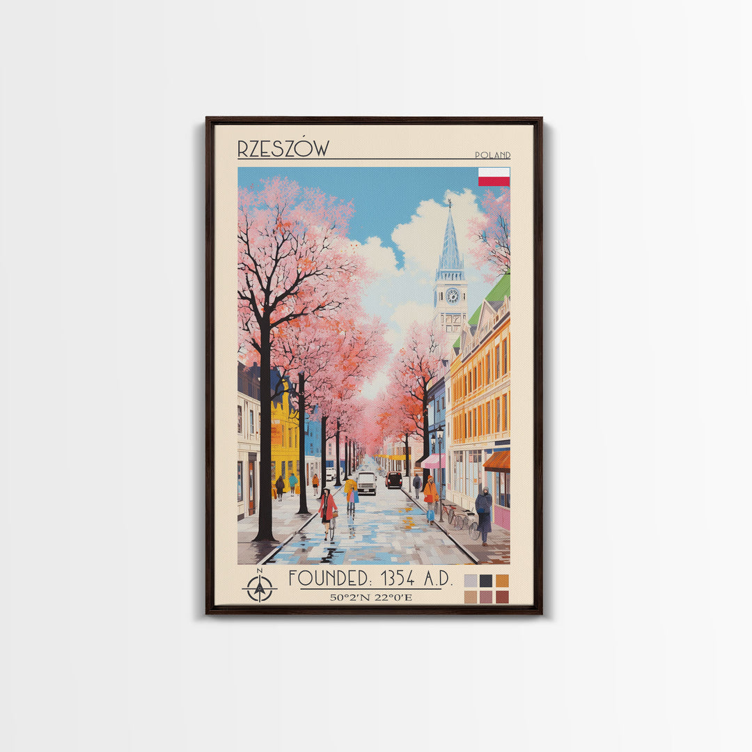 Rzeszów Poland Travel Poster Framed Canvas Print, Midcentury Modern Art, Pop Art Wall Decor, Living Room Art, Bedroom Decoration