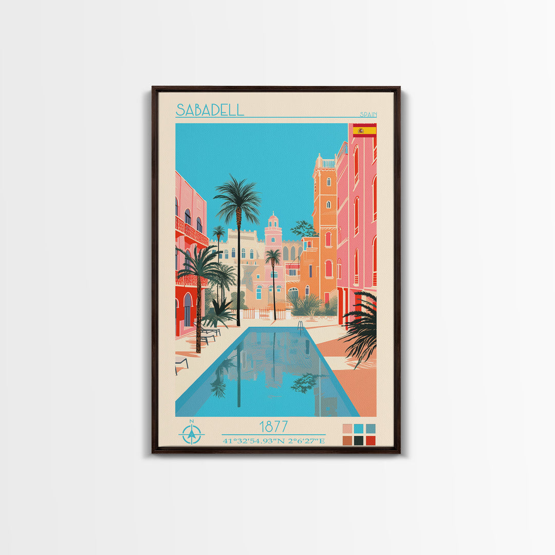 Sabadell Spain Travel Poster Framed Canvas Print, Midcentury Modern Art, Pop Art Wall Decor, Home Decor, Vacation Gift, Office Art