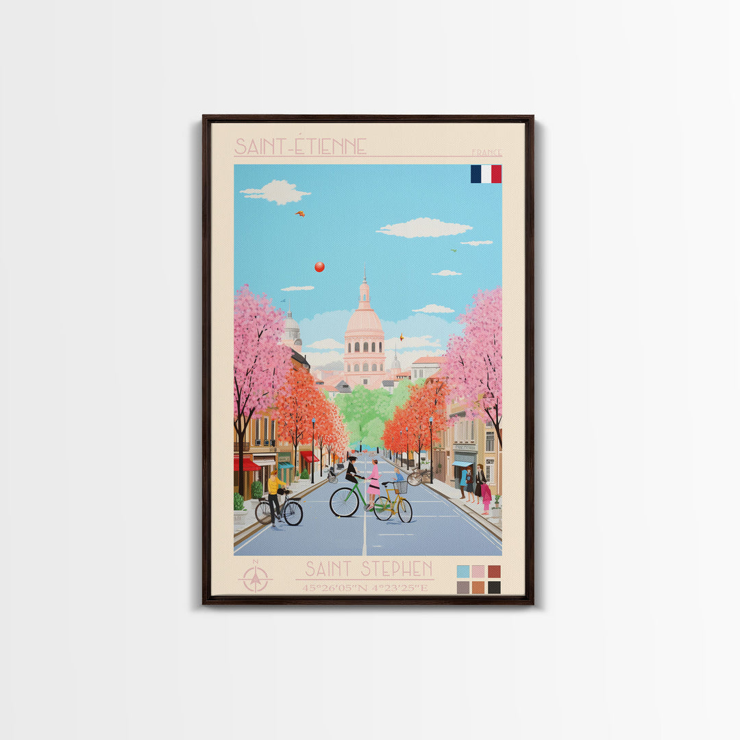 Saint-Étienne France Travel Poster Framed Canvas Print, Midcentury Modern Art, Pop Art Wall Decor, Living Room Art, Vacation Gift