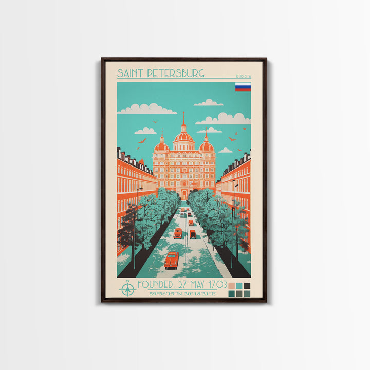 Saint Petersburg Russia Travel Poster Framed Canvas Print, Midcentury Modern Art, Pop Art Wall Decor, Home Decor, Office Decoration