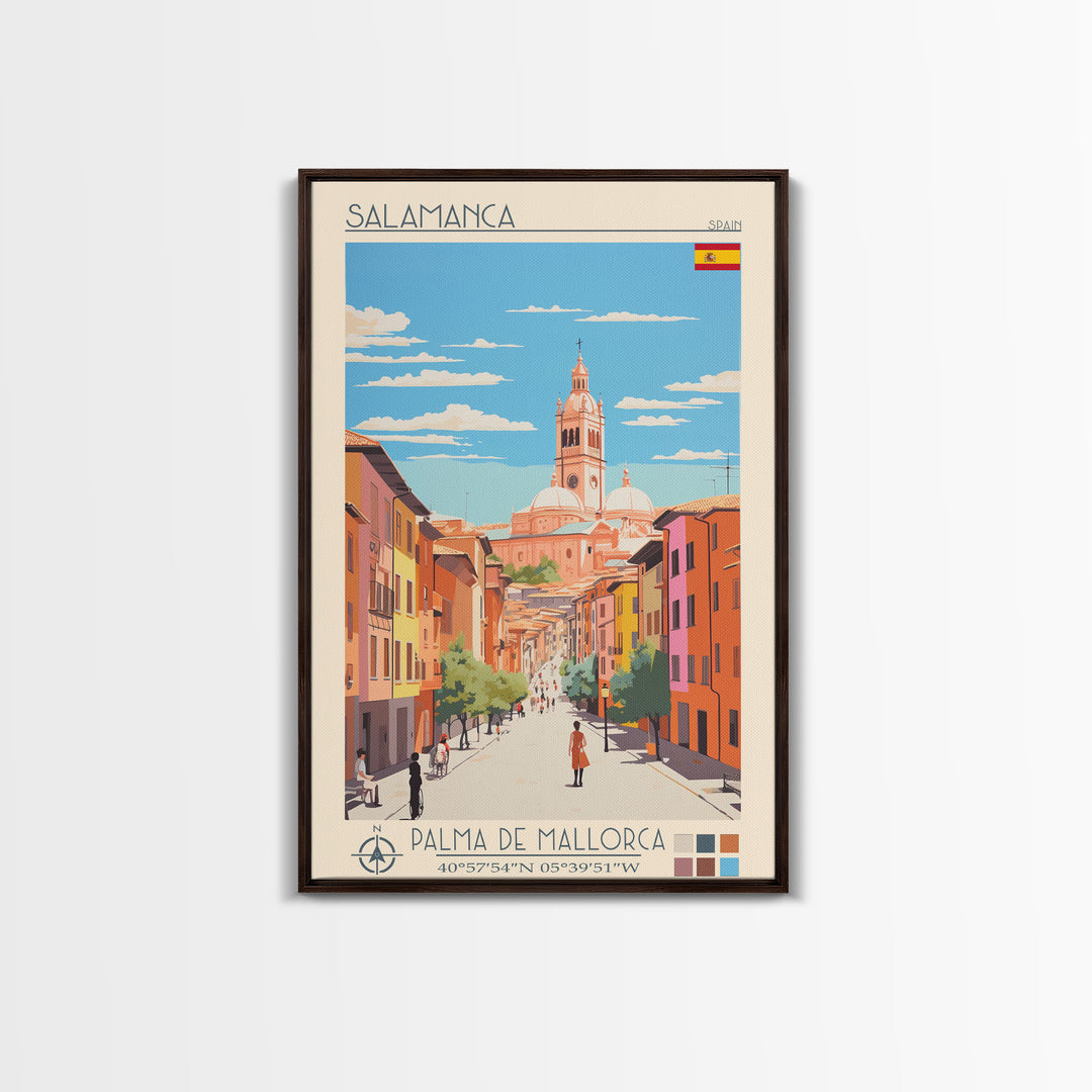 Salamanca Spain Travel Poster Framed Canvas Print, Midcentury Modern Art, Pop Art Wall Decor, Scenic Wall Art, Bedroom Decoration