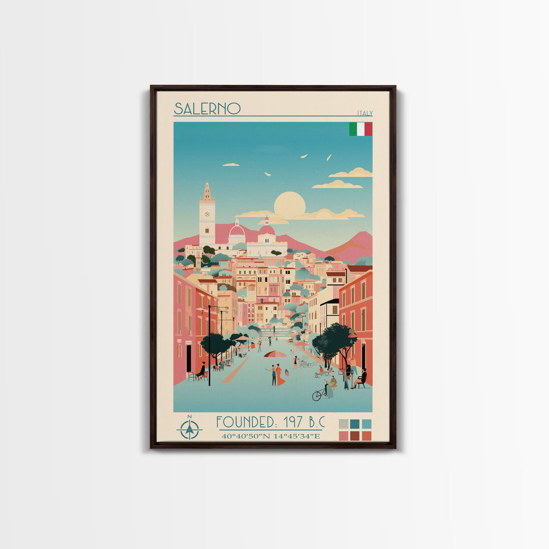 Salerno Italy Travel Poster Framed Canvas Print, Midcentury Modern Art, Pop Art Wall Decor, Home Decor, Office Gift, Living Room Art