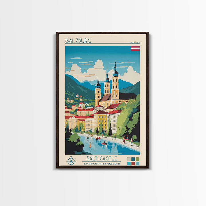 Salzburg Austria Travel Poster Framed Canvas Print, Midcentury Modern Art, Pop Art Wall Decor, Scenic Wall Art, Bedroom Art