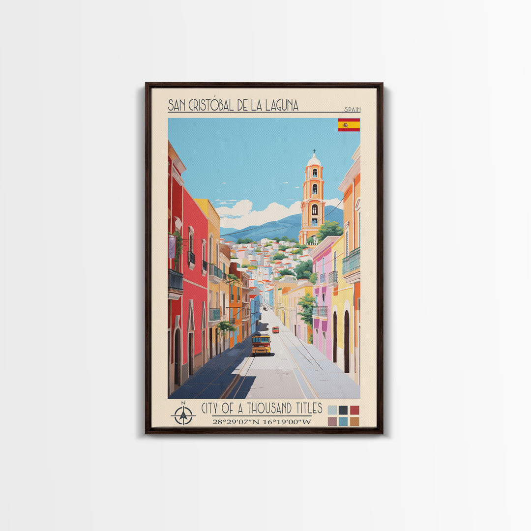 San Cristóbal de La Laguna Spain Travel Poster Framed Canvas Print, Midcentury Modern Art, Pop Art Wall Decor, Bedroom Decor, Scenic Art