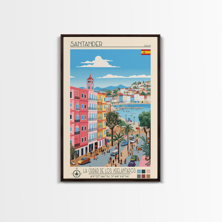 Santander Spain Travel Poster Framed Canvas Print, Midcentury Modern Art, Pop Art Wall Decor, Scenic Wall Art, Vacation Gift