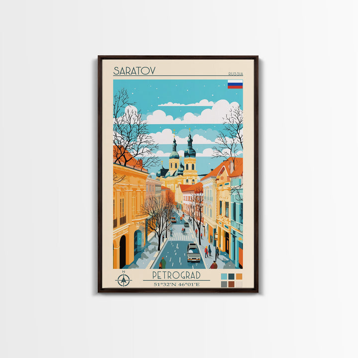 Saratov Russia Travel Poster Framed Canvas Print, Midcentury Modern Art, Pop Art Wall Decor, Home Decor, Vacation Gift
