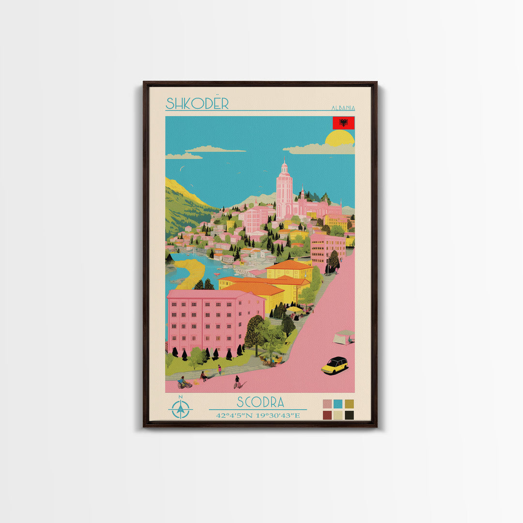 Shkodër Albania Travel Poster Framed Canvas Print, Midcentury Modern Art, Pop Art Wall Decor, Scenic Wall Art, Bedroom Decoration