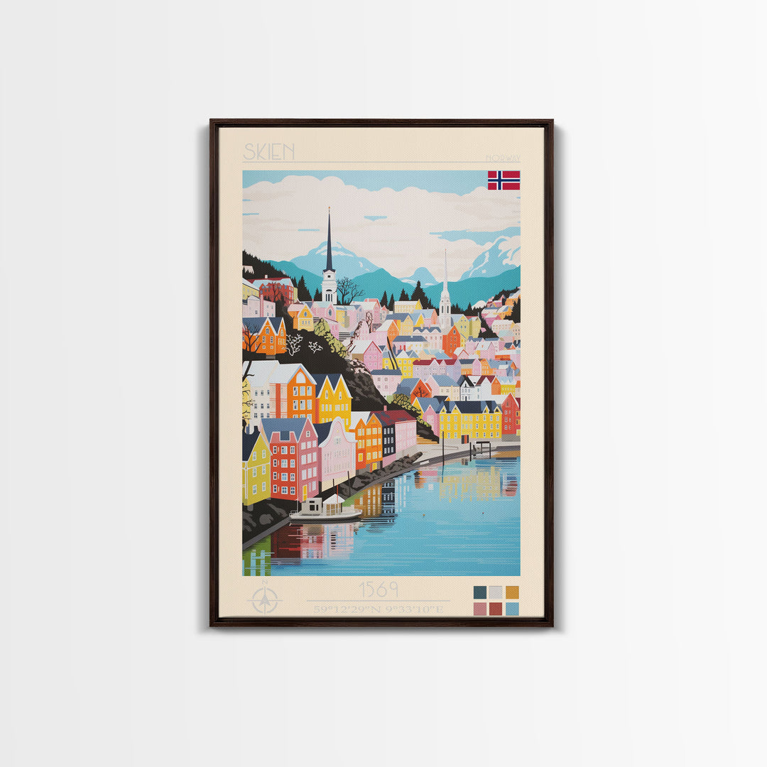 Skien Norway Travel Poster Framed Canvas Print, Midcentury Modern Art, Pop Art Wall Decor, Scenic Wall Art, Bedroom Art