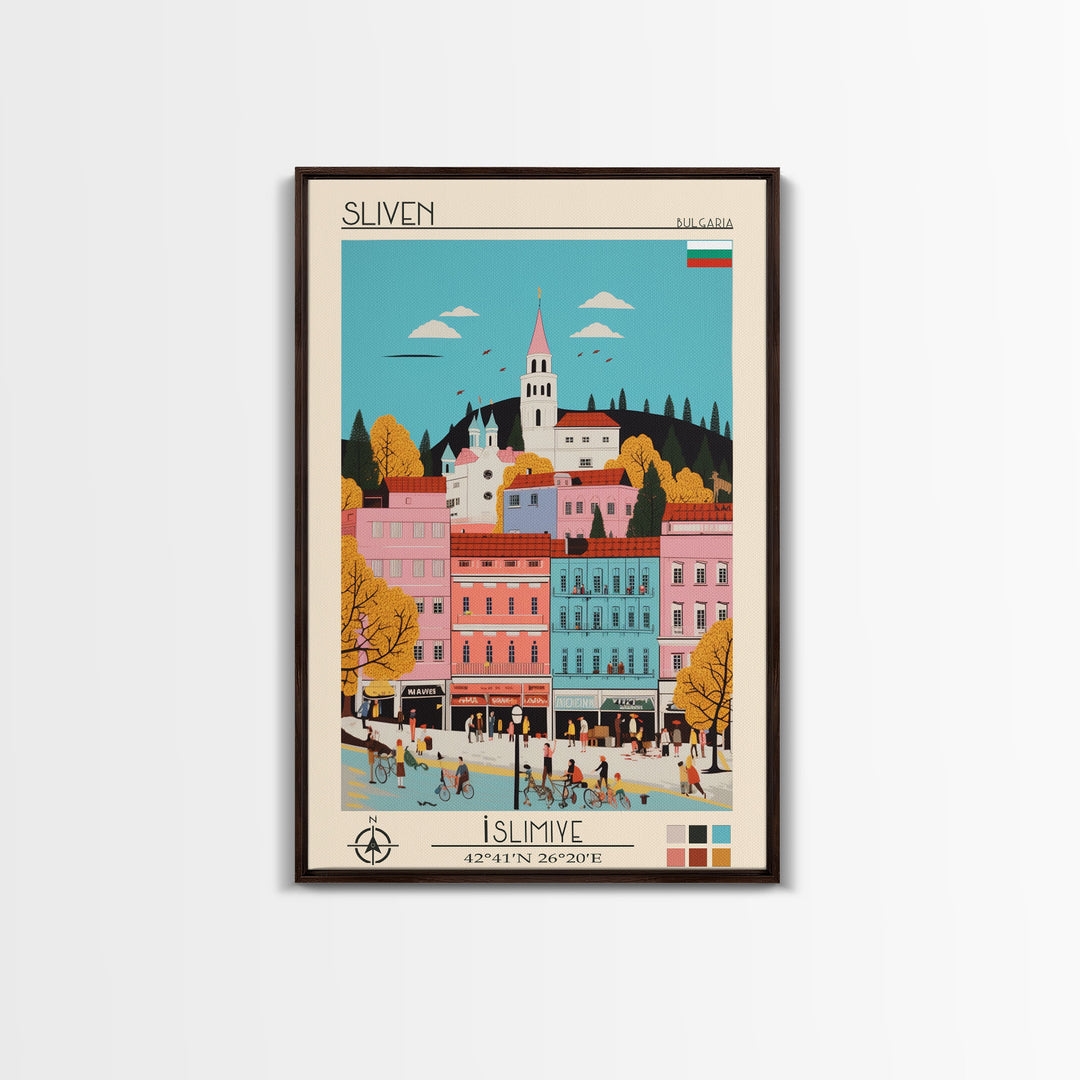 Sliven Bulgaria Travel Poster Framed Canvas Print, Midcentury Modern Art, Pop Art Wall Decor, Living Room Art, Vacation Gift