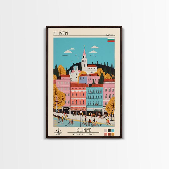 Sliven Bulgaria Travel Poster Framed Canvas Print, Midcentury Modern Art, Pop Art Wall Decor, Living Room Art, Vacation Gift