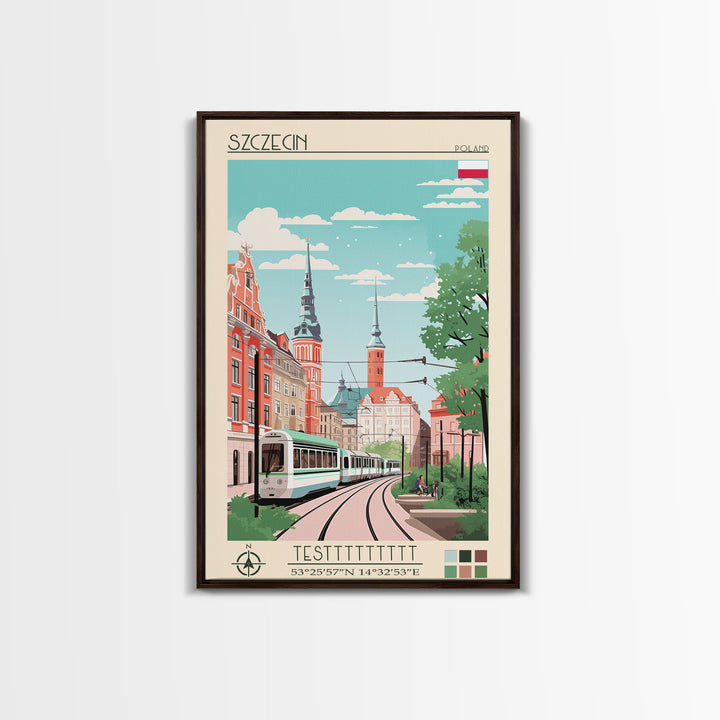 Szczecin Poland Travel Poster Framed Canvas Print, Midcentury Modern Art, Pop Art Wall Decor, Living Room Art, Scenic Wall Art