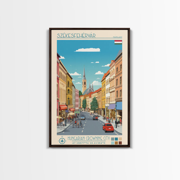 Székesfehérvár Hungary Travel Poster Framed Canvas Print, Midcentury Modern Art, Pop Art Wall Decor, Living Room Art, Vacation Gift