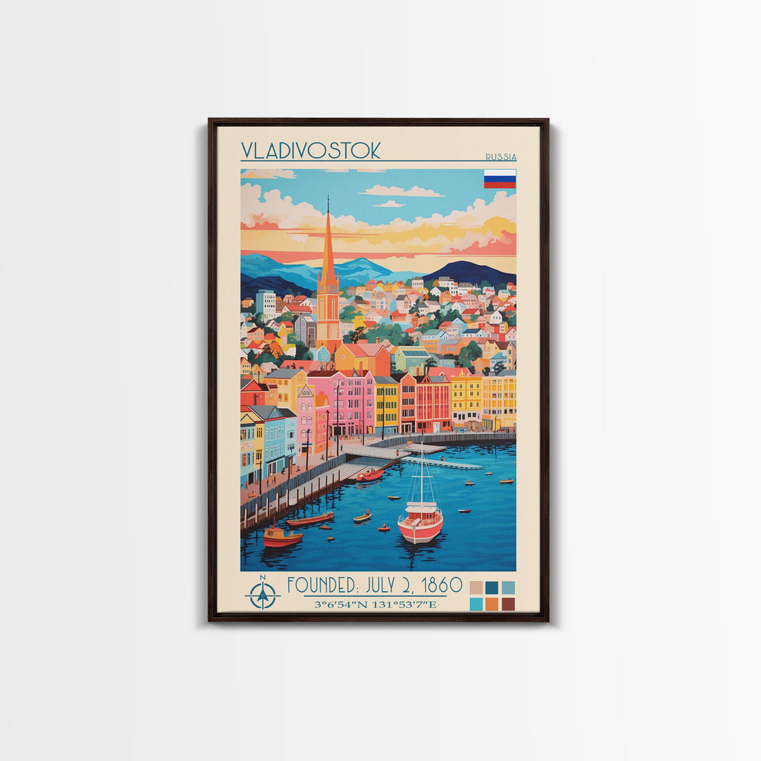 Vladivostok Russia Travel Poster Framed Canvas Print, Midcentury Modern Art, Pop Art Wall Decor, Living Room Art, Vacation Gift