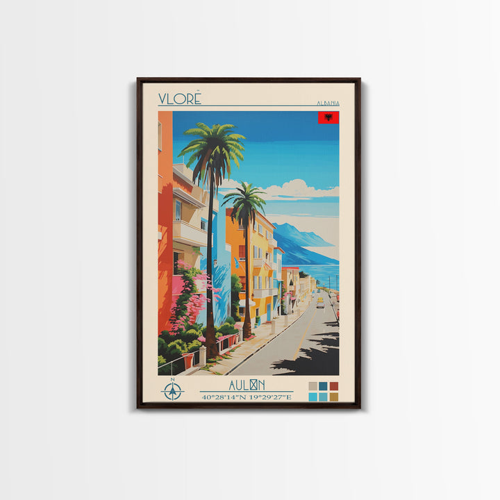 Vlorë Albania Travel Poster Framed Canvas Print, Midcentury Modern Art, Pop Art Wall Decor, Living Room Art, Home Decoration