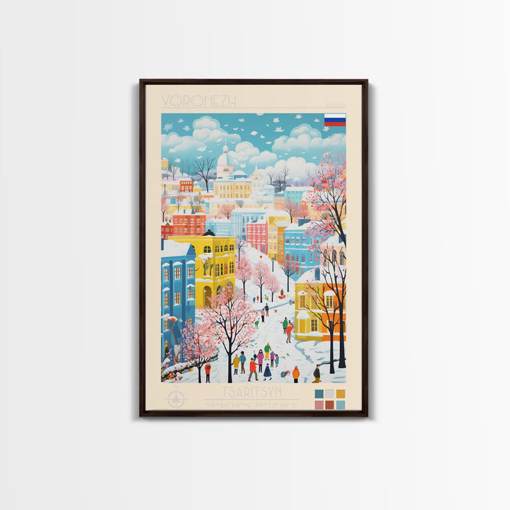 Voronezh Russia Travel Poster Framed Canvas Print, Midcentury Modern Art, Pop Art Wall Decor, Living Room Art, Scenic Wall Art