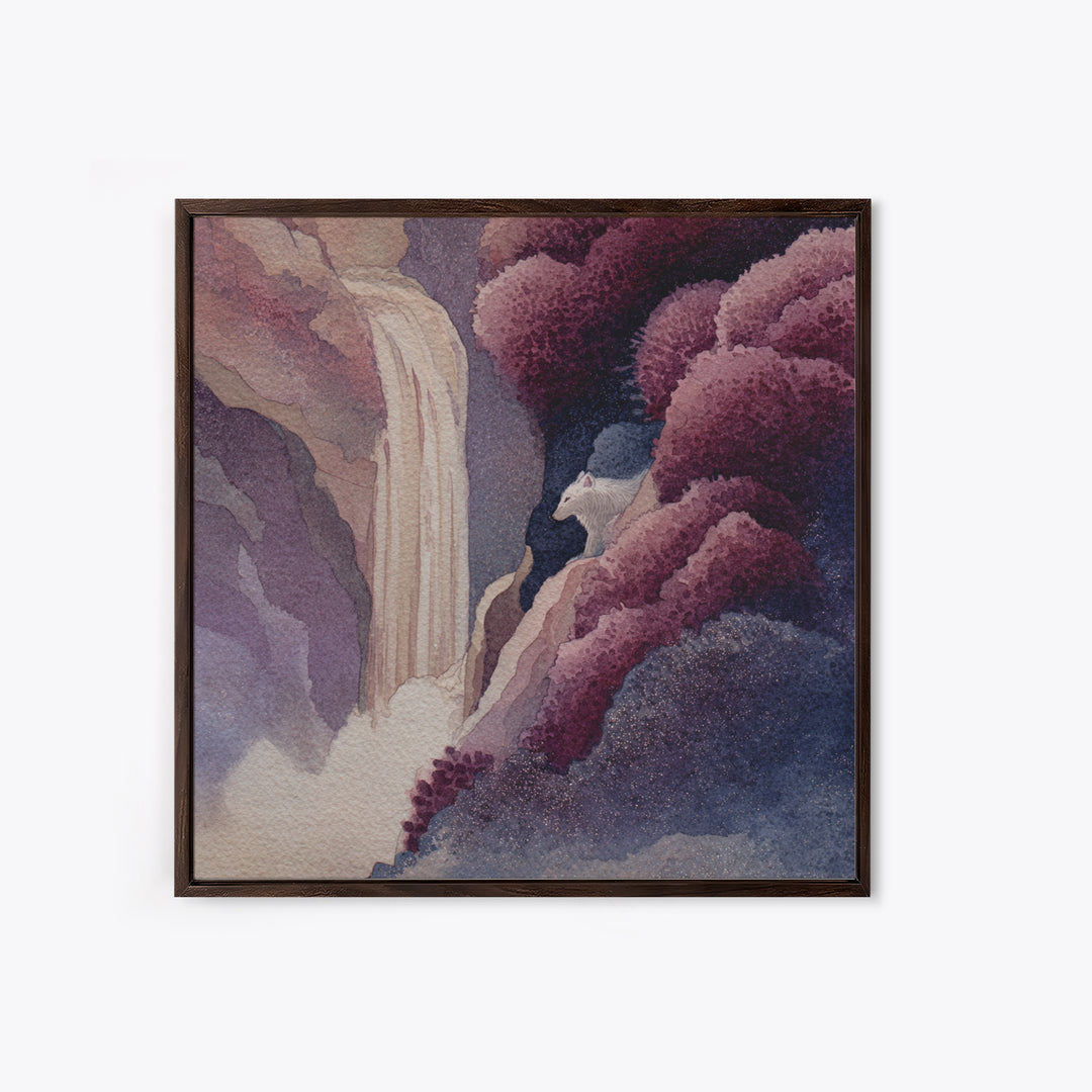 Mythic Waterfall Guarded by White Wolves Framed Canvas Print, Fantasy Art, Dragon Art, Living Room Decor, Watercolor Art, FAN-1x1-24
