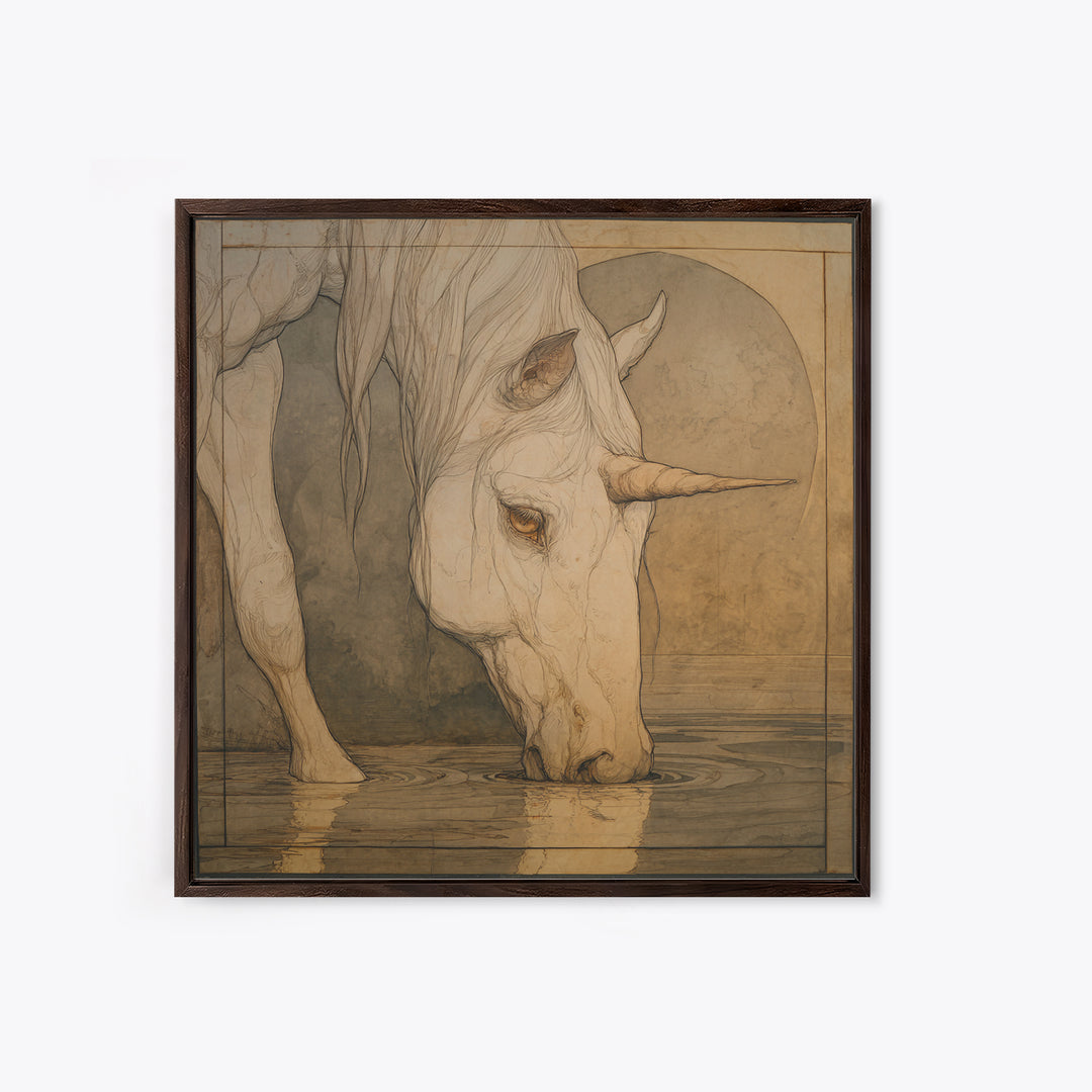 Unicorn Drinking from a Silver Stream Framed Canvas Print, Fantasy Art, Art Print, Living Room Decor, Fine Art, Mythic, FAN-1x1-40