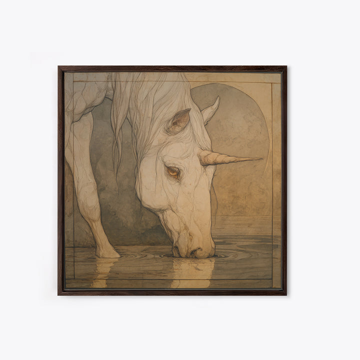 Unicorn Drinking from a Silver Stream Framed Canvas Print, Fantasy Art, Art Print, Living Room Decor, Fine Art, Mythic, FAN-1x1-40