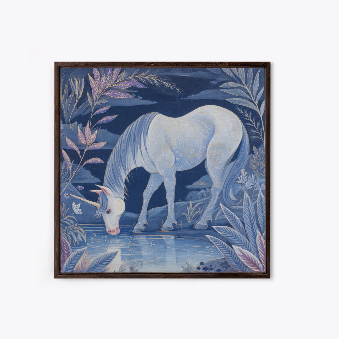 Unicorn Drinking from a Silver Stream Framed Canvas Print, Fantasy Art, Textured Painting, Living Room Decor, Fine Art, Mythic, FAN-1x1-88