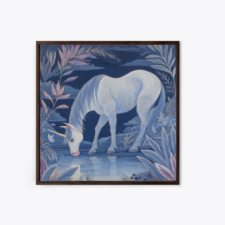 Unicorn Drinking from a Silver Stream Framed Canvas Print, Fantasy Art, Textured Painting, Living Room Decor, Fine Art, Mythic, FAN-1x1-88
