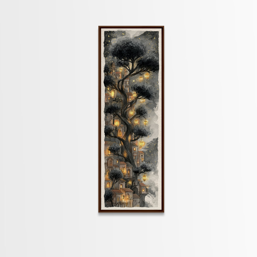 Forest Spirit with Antlers and Glowing Eyes Framed Canvas Print, Fantasy Art, Living Room Decor, Oil Painting, Mythic, FAN-1x3-24