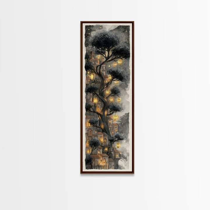 Forest Spirit with Antlers and Glowing Eyes Framed Canvas Print, Fantasy Art, Living Room Decor, Oil Painting, Mythic, FAN-1x3-24
