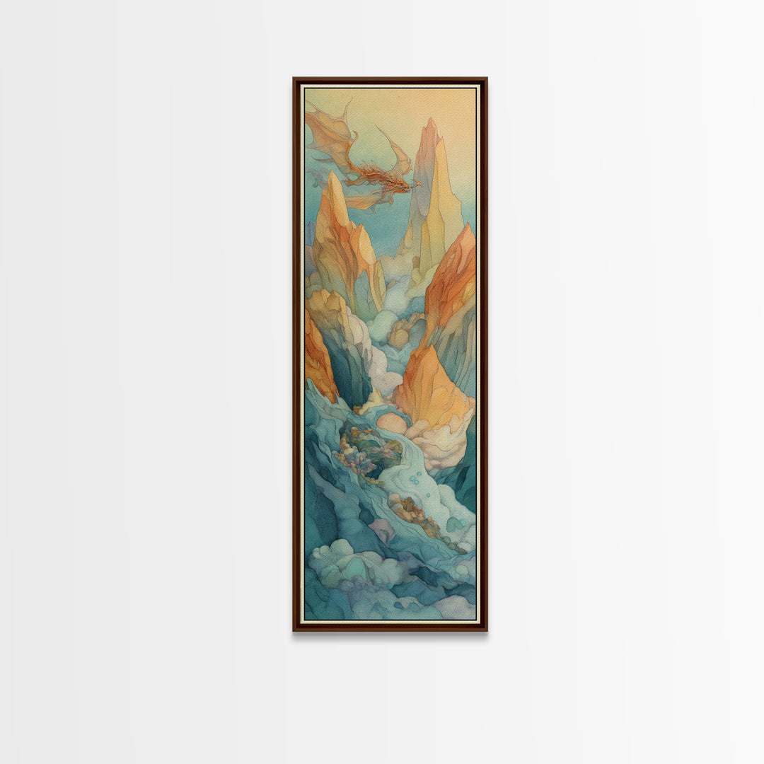 Unicorn Drinking from a Silver Stream Framed Canvas Print, Fantasy Art, Boho Wall Art, Living Room Decor, Oil Painting, Mythic, FAN-1x3-76